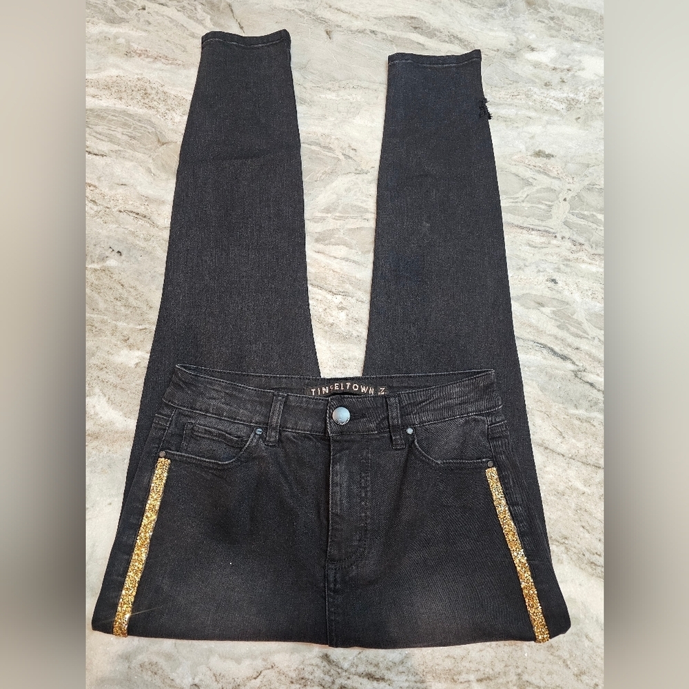 Tinsel Town Black Skinny Jeans with Gold Sequin Side Stripe 28